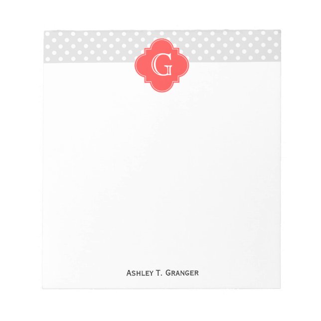 Lt Grey White Polka Dot Coral Quatrefoil Monogram Notepad (Front)