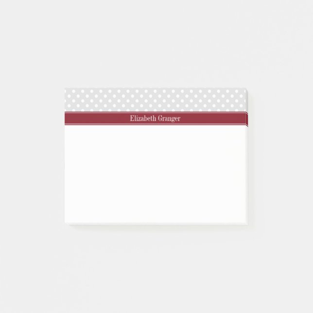 Lt Grey White Polka Dots Burgundy Name Monogram Post-it Notes (Front)