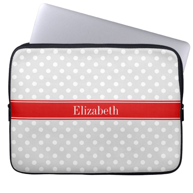 Lt Grey White Polka Dots Red Name Monogram Laptop Sleeve (Front)