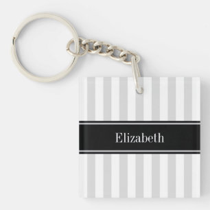 Lt Grey White Stripe Black Name Monogram Keychain