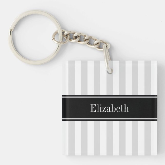 Lt Grey White Stripe Black Name Monogram Keychain (Front)