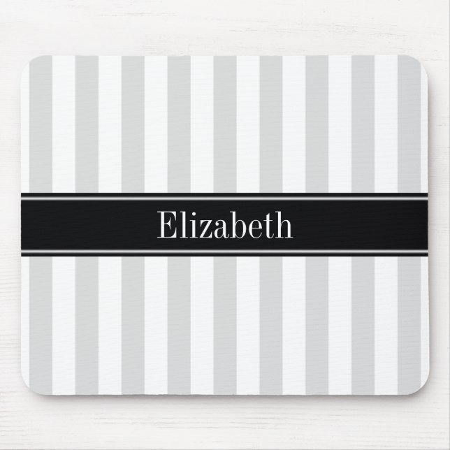 Lt Grey White Stripe Black Name Monogram Mouse Pad (Front)