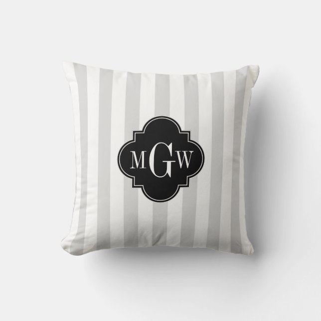 Lt Grey White Stripe Black Quatrefoil 3 Monogram Throw Pillow (Front)