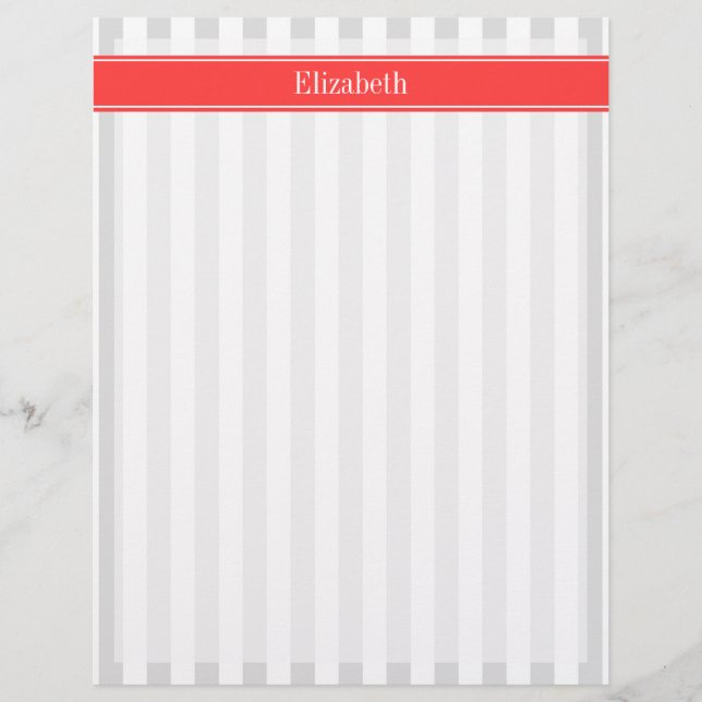 Lt Grey White Stripe Coral Red Name Monogram (Front)