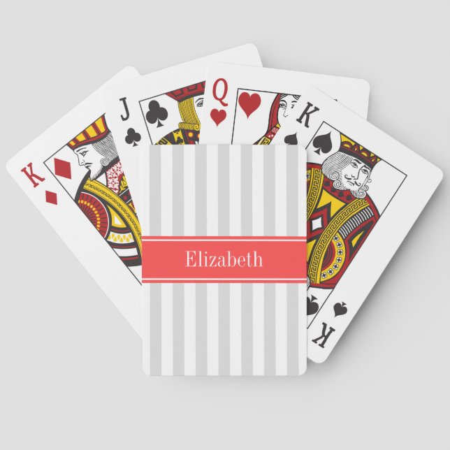 Lt Grey White Stripe Coral Red Name Monogram Playing Cards (Back)