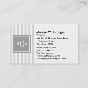 Lt Grey White Stripe Grey Square 3 Monogram Business Card