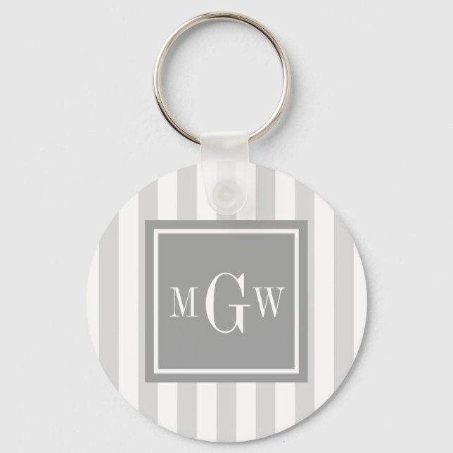 Lt Grey White Stripe Grey Square 3 Monogram Keychain (Front)