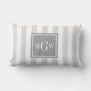 Lt Grey White Stripe Grey Square 3 Monogram Lumbar Pillow