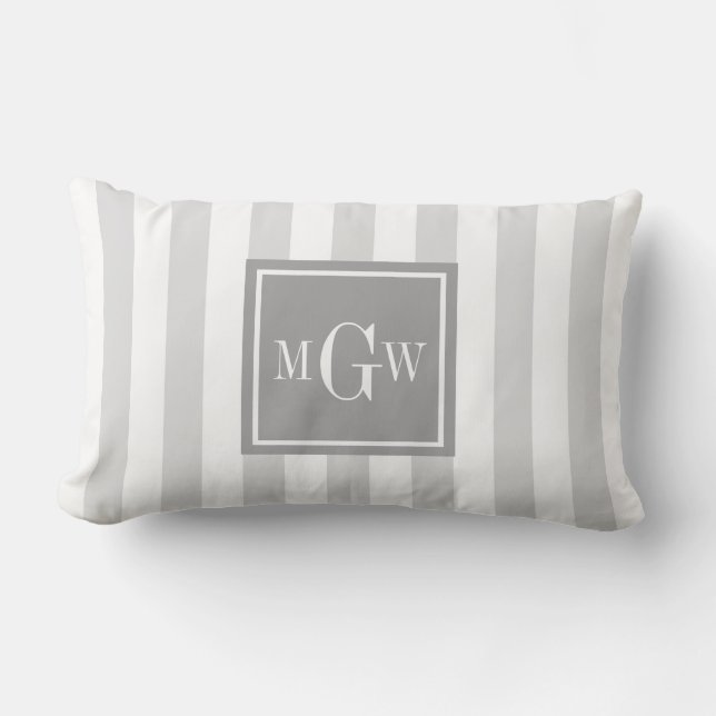 Lt Grey White Stripe Grey Square 3 Monogram Lumbar Pillow (Front)