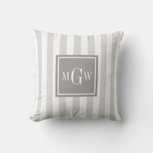 Lt Grey White Stripe Grey Square 3 Monogram Throw Pillow