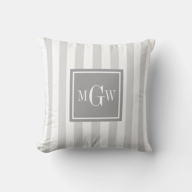 Lt Grey White Stripe Grey Square 3 Monogram Throw Pillow (Front)
