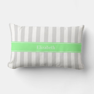 Lt Grey White Stripe Mint Green Name Monogram Lumbar Pillow