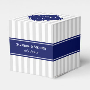 Lt Grey White Stripe Navy Blue Name Monogram Favor Box