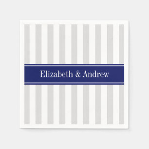 Lt Grey White Stripe Navy Blue Name Monogram Napkin