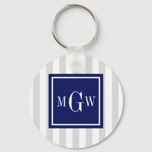 Lt Grey White Stripe Navy Square 3 Monogram Keychain