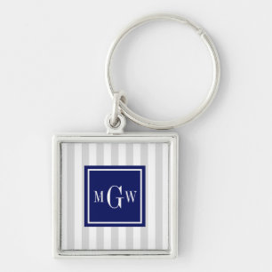 Lt Grey White Stripe Navy Square 3 Monogram Keychain