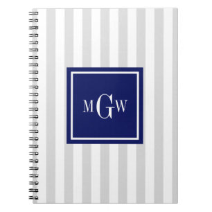 Lt Grey White Stripe Navy Square 3 Monogram Notebook