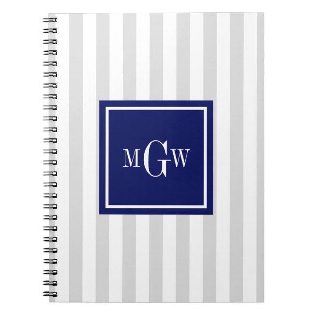 Lt Grey White Stripe Navy Square 3 Monogram Notebook (Front)
