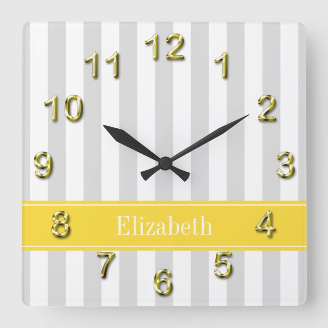 Lt Grey White Stripe Pineapple Name Monogram Square Wall Clock (Front)