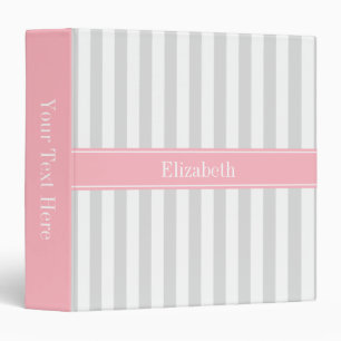 Lt Grey White Stripe Pink Name Monogram Binder