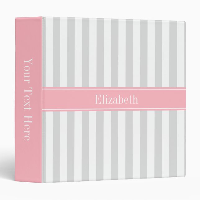 Lt Grey White Stripe Pink Name Monogram Binder (Front/Spine)
