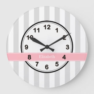 Lt Grey White Stripe Pink Name Monogram Large Clock