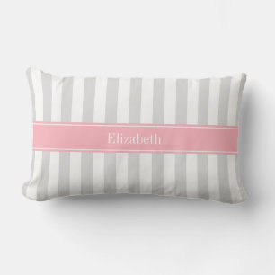 Lt Grey White Stripe Pink Name Monogram Lumbar Pillow