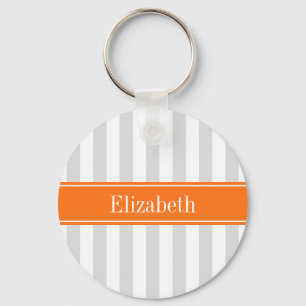 Lt Grey White Stripe Pumpkin Orange Name Monogram Keychain