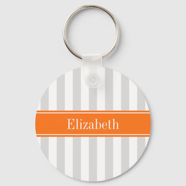 Lt Grey White Stripe Pumpkin Orange Name Monogram Keychain (Front)