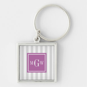 Lt Grey White Stripe Rad Orchid Square 3 Monogram Keychain