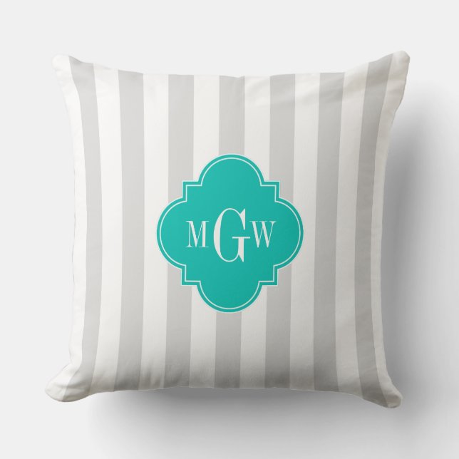 Lt Grey White Stripe Teal Quatrefoil 3 Monogram Throw Pillow (Front)