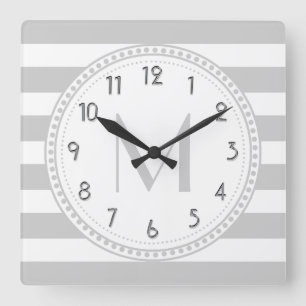 Lt Grey   White Stripes Pattern Monogram Square Wall Clock
