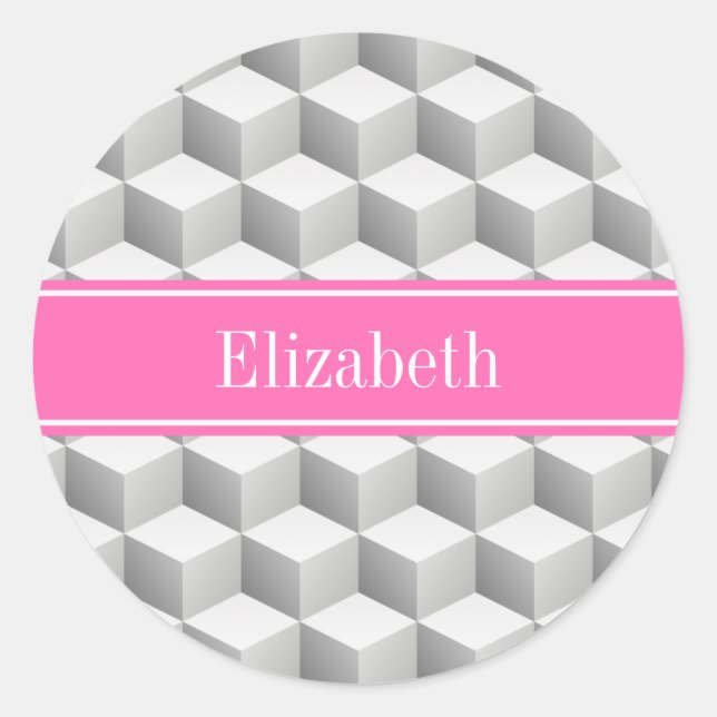Lt Grey Wht 3D Look Cube HotPink #2 Name Monogram Classic Round Sticker (Front)