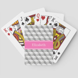 Lt Grey Wht 3D Look Cube HotPink #2 Name Monogram Playing Cards