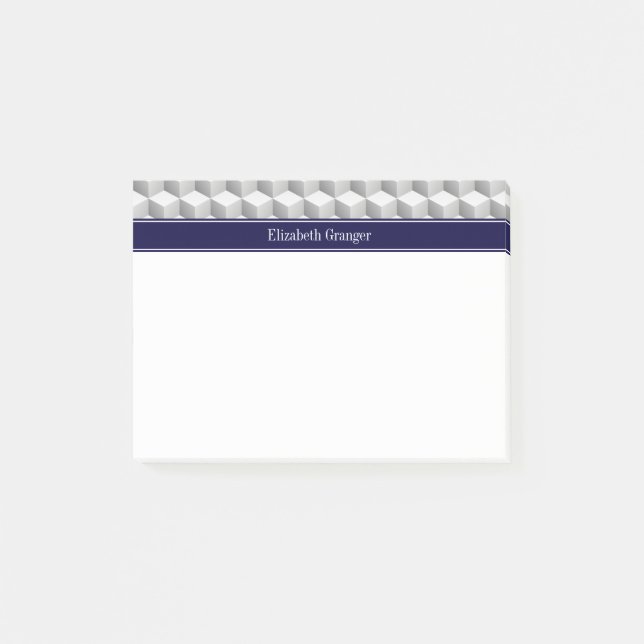 Lt Grey Wht 3D Look Cubes Navy Blue Name Monogram Post-it Notes (Front)