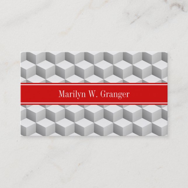 Lt Grey Wht 3D Look Cubes Red Name Monogram Business Card (Front)