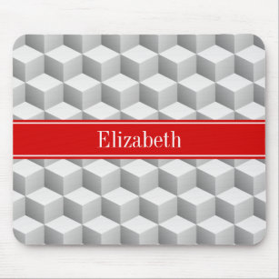 Lt Grey Wht 3D Look Cubes Red Name Monogram Mouse Pad