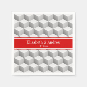 Lt Grey Wht 3D Look Cubes Red Name Monogram Napkin