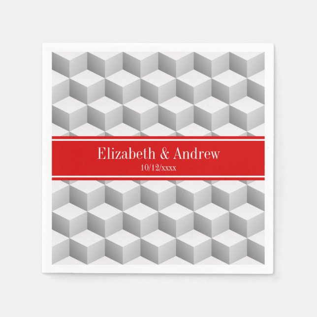 Lt Grey Wht 3D Look Cubes Red Name Monogram Napkin (Front)