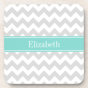 Lt Grey Wht Chevron Aqua Turquoise Name Monogram Coaster