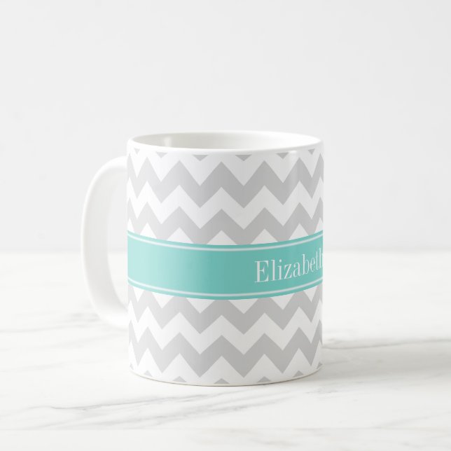 Lt Grey Wht Chevron Aqua Turquoise Name Monogram Coffee Mug (Front Left)