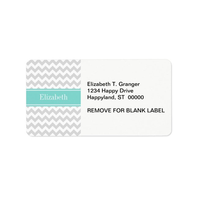 Lt Grey Wht Chevron Aqua Turquoise Name Monogram Label (Front)