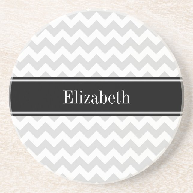 Lt Grey Wht Chevron Black Name Monogram Coaster (Front)
