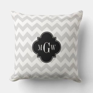 Lt Grey Wht Chevron Black Quatrefoil 3 Monogram Throw Pillow