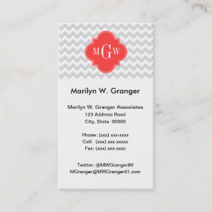Lt Grey Wht Chevron Coral Quatrefoil 3 Monogram Business Card
