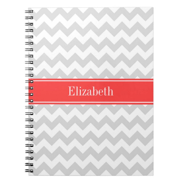 Lt Grey Wht Chevron Coral Red Name Monogram Notebook (Front)