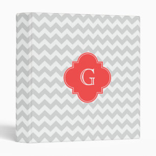 Lt Grey Wht Chevron Coral Red Quatrefoil Monogram Binder