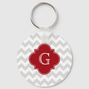 Lt Grey Wht Chevron Cranberry Quatrefoil Monogram Keychain