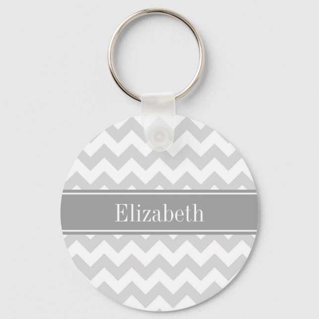 Lt Grey Wht Chevron Grey Name Monogram Keychain (Front)