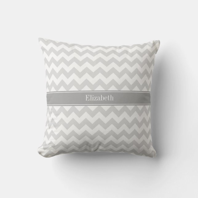 Lt Grey Wht Chevron Grey Name Monogram Outdoor Pillow (Front)